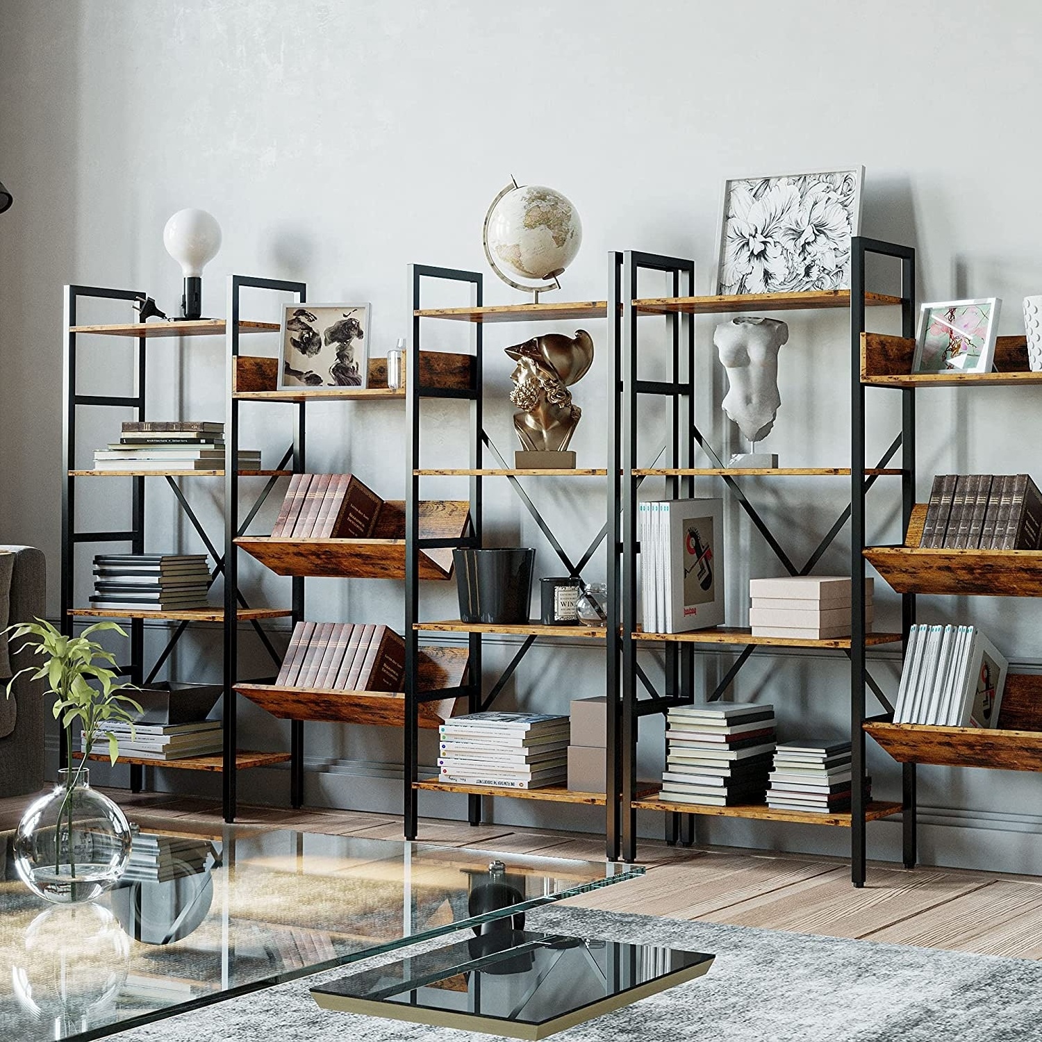 Bookcases and Bookshelves Triple Wide 4 Tiers Industrial Bookshelf