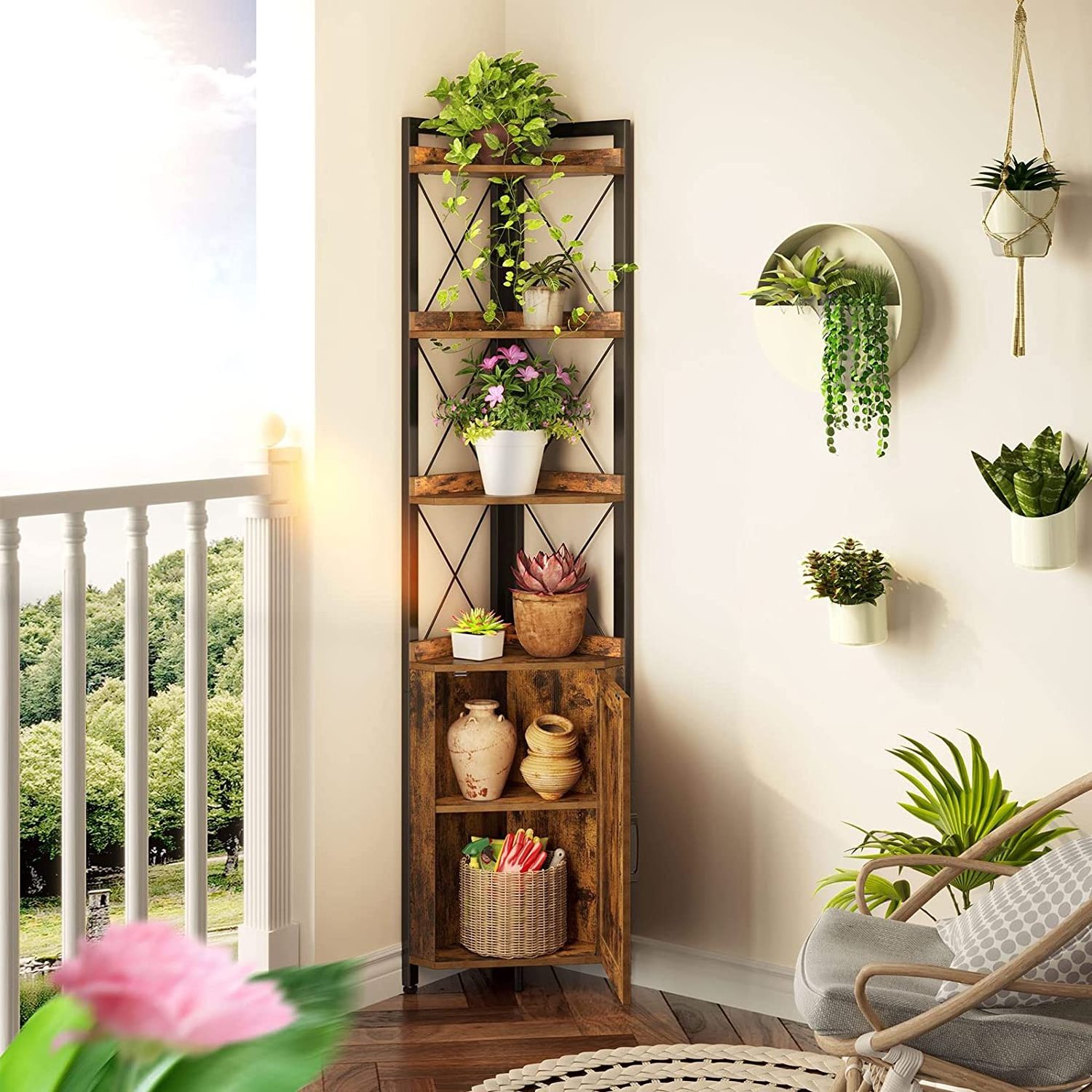 European style Corner Shelf 5-Tier with Storage, Rustic Corner Bookshelf with cabinet