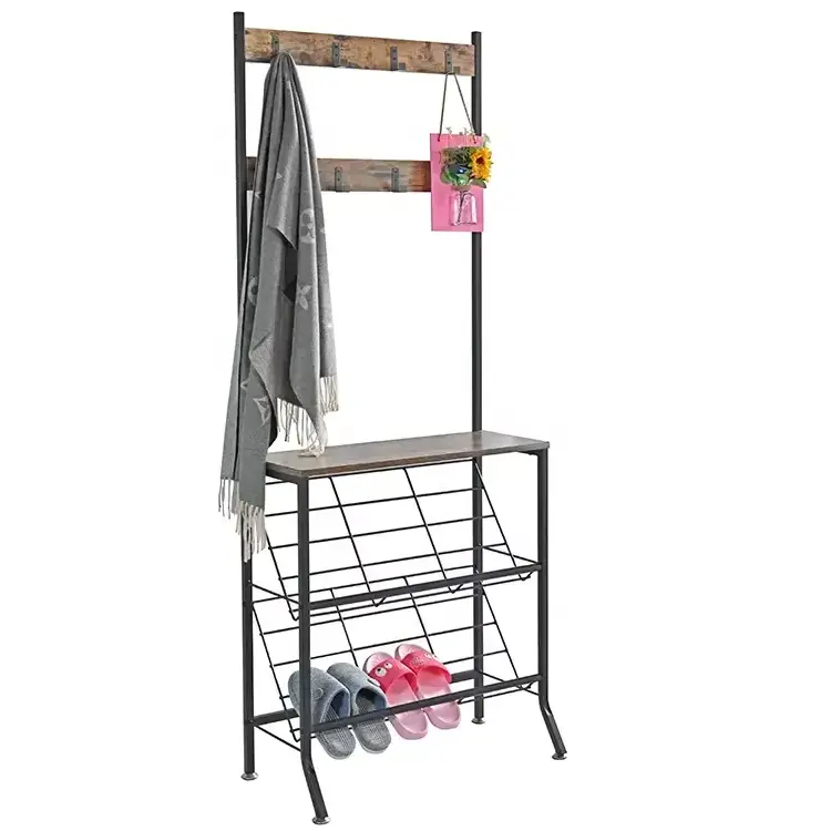 Entryway Organizer Modern Industrial Style standing Hall Tree coat rack shoe rack with coat hanger wood