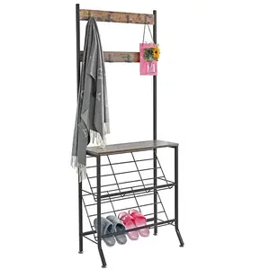 Entryway Organizer Modern Industrial Style standing Hall Tree coat rack shoe rack with coat hanger wood