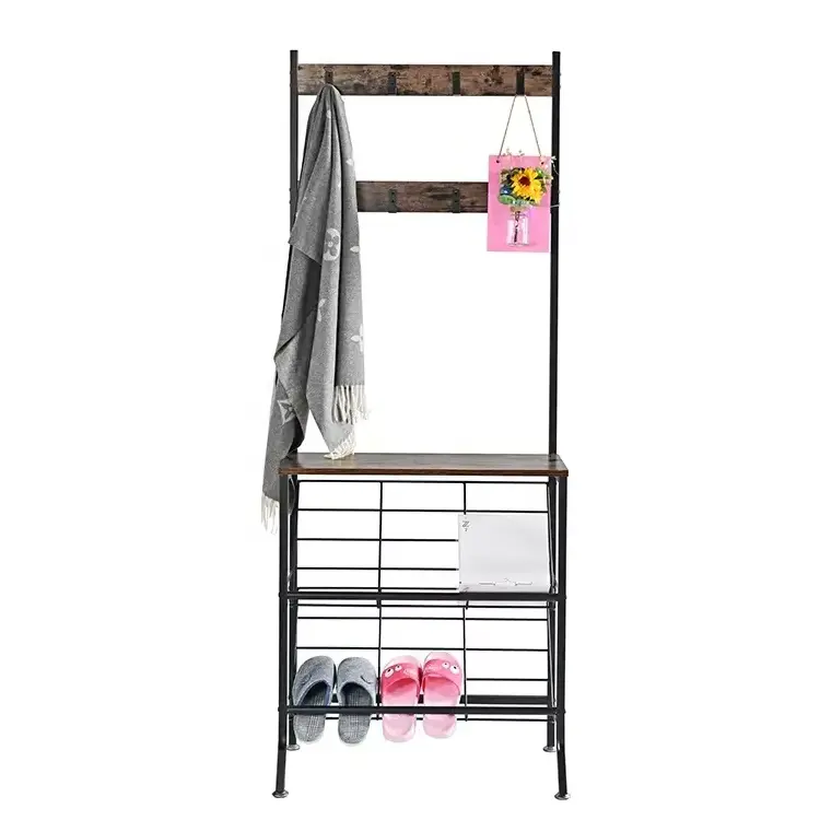 Entryway Organizer Modern Industrial Style standing Hall Tree coat rack shoe rack with coat hanger wood