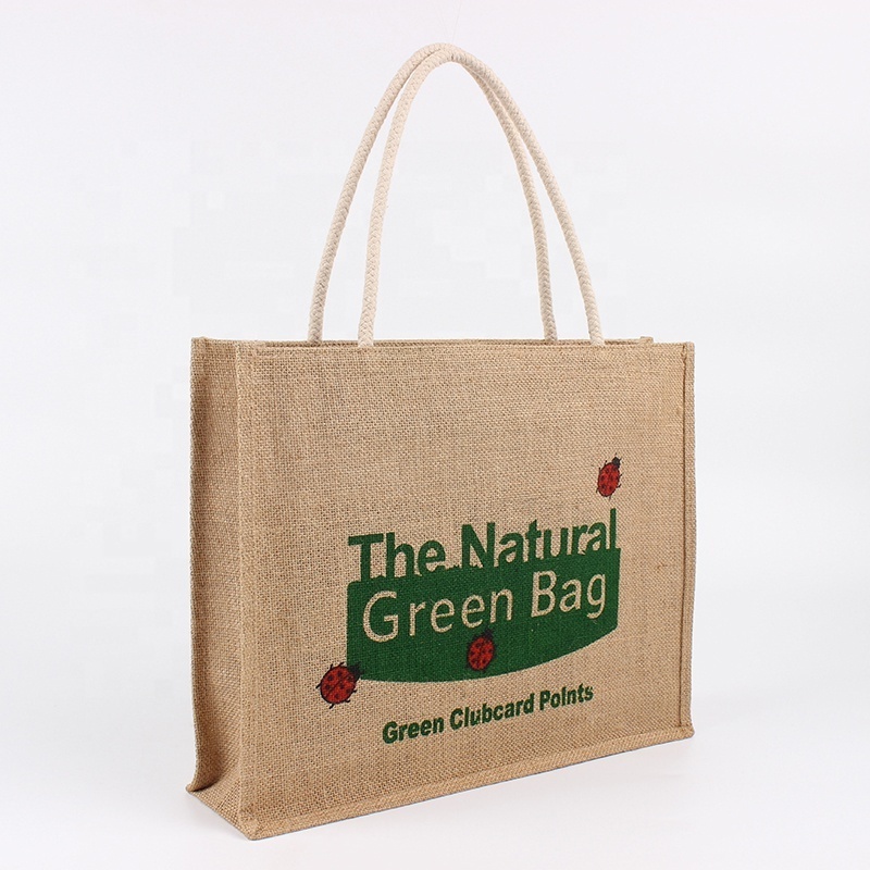 Promotional wholesale custom Burlap Jute Linen printed logo shopping grocery tote bag with zipper closed top