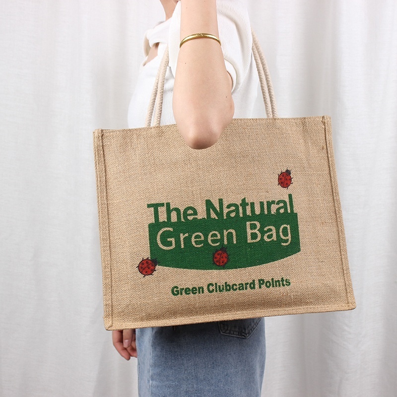 Promotional wholesale custom Burlap Jute Linen printed logo shopping grocery tote bag with zipper closed top