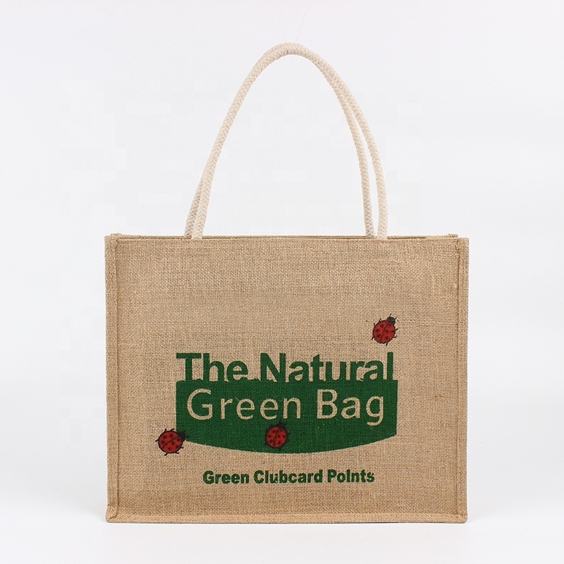 Promotional wholesale custom Burlap Jute Linen printed logo shopping grocery tote bag with zipper closed top