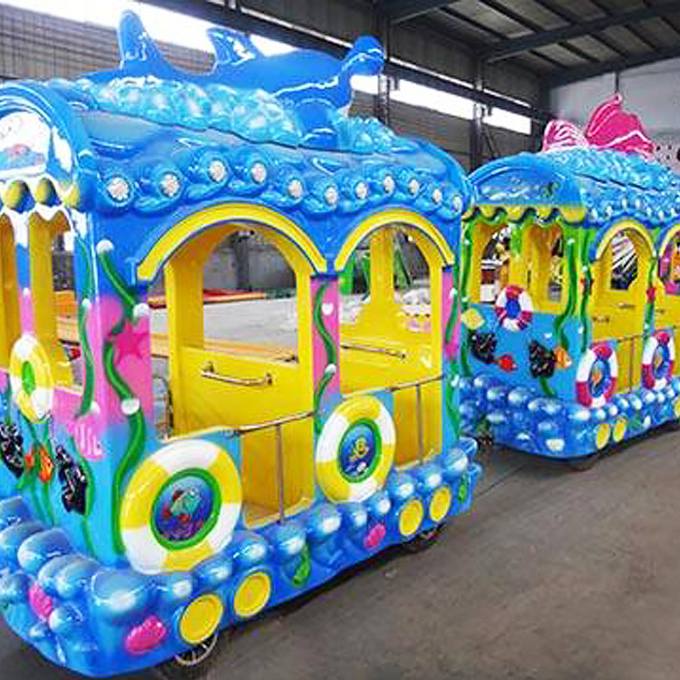 Funny common adorable profitable funfair business amusement park rides mini ocean sightseeing trackless train for sale