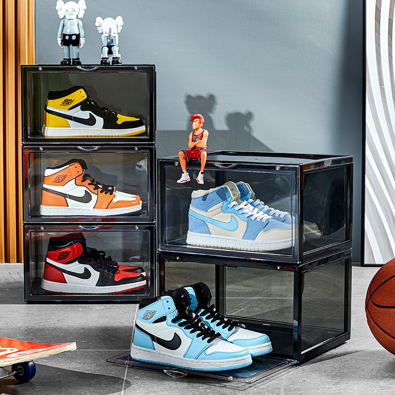 All Clear shoe display box transparent stackable side open door organizer magnetic custom plastic sneaker acrylic shoe box