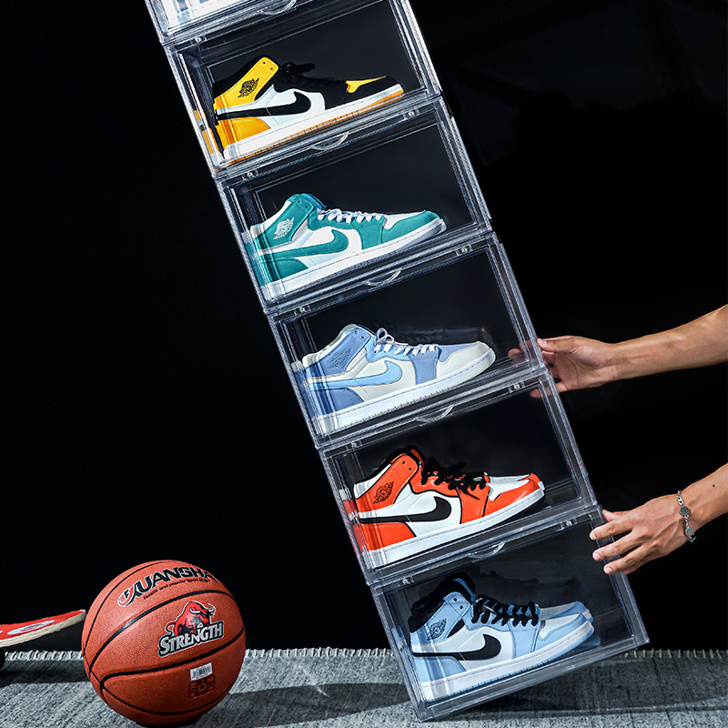 All Clear shoe display box transparent stackable side open door organizer magnetic custom plastic sneaker acrylic shoe box