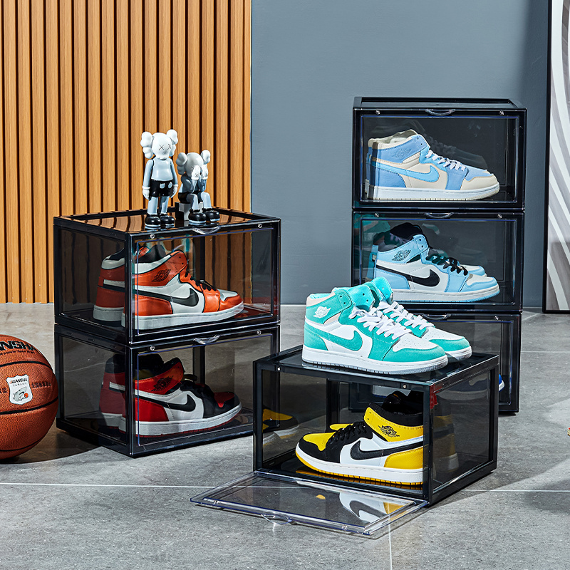 All Clear shoe display box transparent stackable side open door organizer magnetic custom plastic sneaker acrylic shoe box