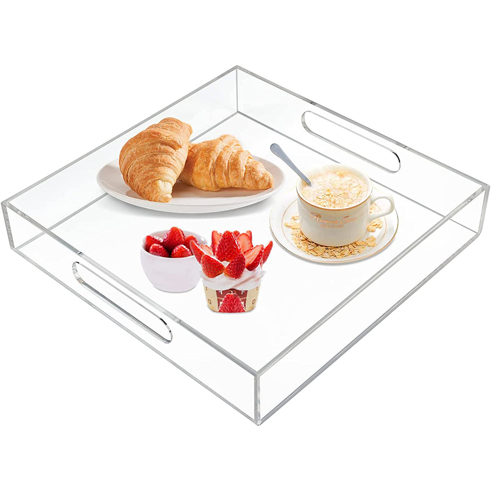 Custom Acrylic Serving Tray Clear Transparent Plexiglass Lucite Handled Serving Food Tray for Storage