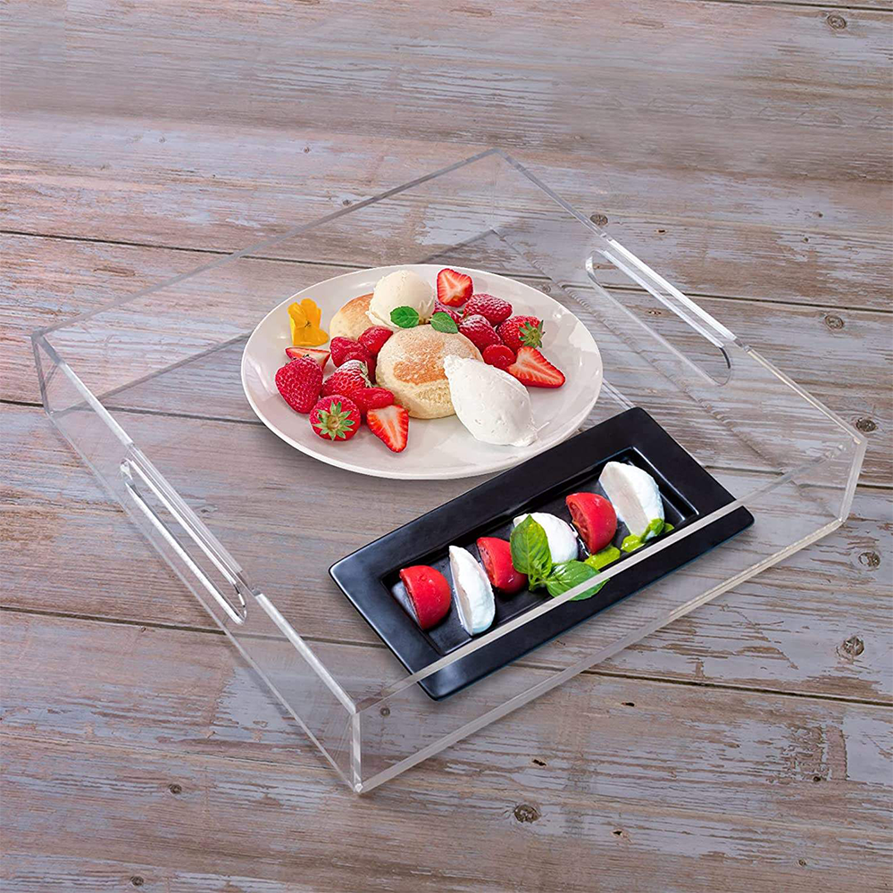 Custom Acrylic Serving Tray Clear Transparent Plexiglass Lucite Handled Serving Food Tray for Storage