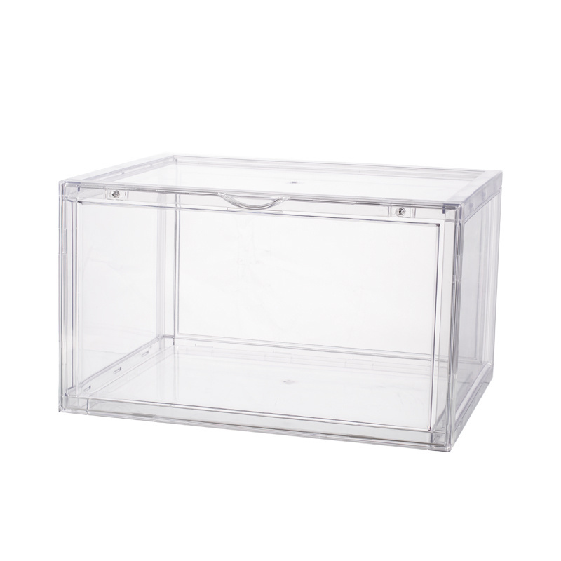 All Clear shoe display box transparent stackable side open door organizer magnetic custom plastic sneaker acrylic shoe box