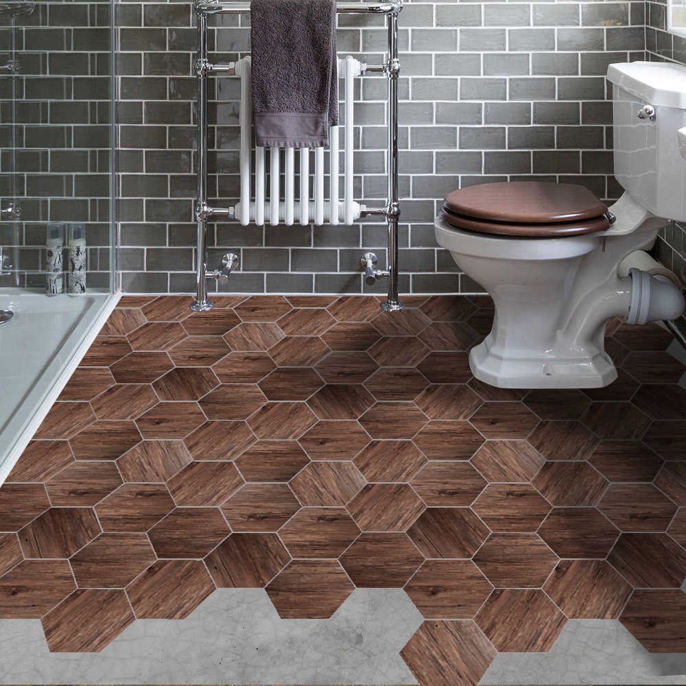 Hexagon Floor Tile Stickers Peel and Stick Wood Texture Tile decal floor sticker for Kitchen