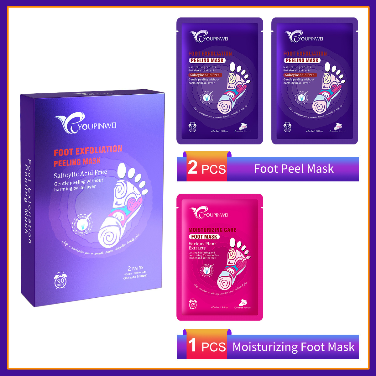 YOUPINWEI Foot Peel Mask, Exfoliating for Dry Cracked Feet, Calluses and Dead Skin Remover (2 Pairs/box) Chapped Feet Welcomed