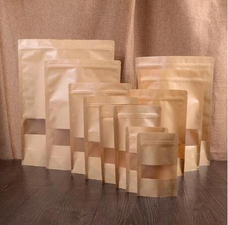 Kraft Paper Stand Up Zipper Bag with Window Resealable Zip Lock Closure Heat Seal for Food Packaging can be customized