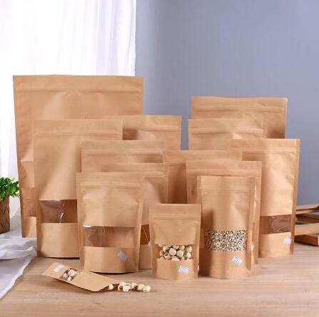 Kraft Paper Stand Up Zipper Bag with Window Resealable Zip Lock Closure Heat Seal for Food Packaging can be customized