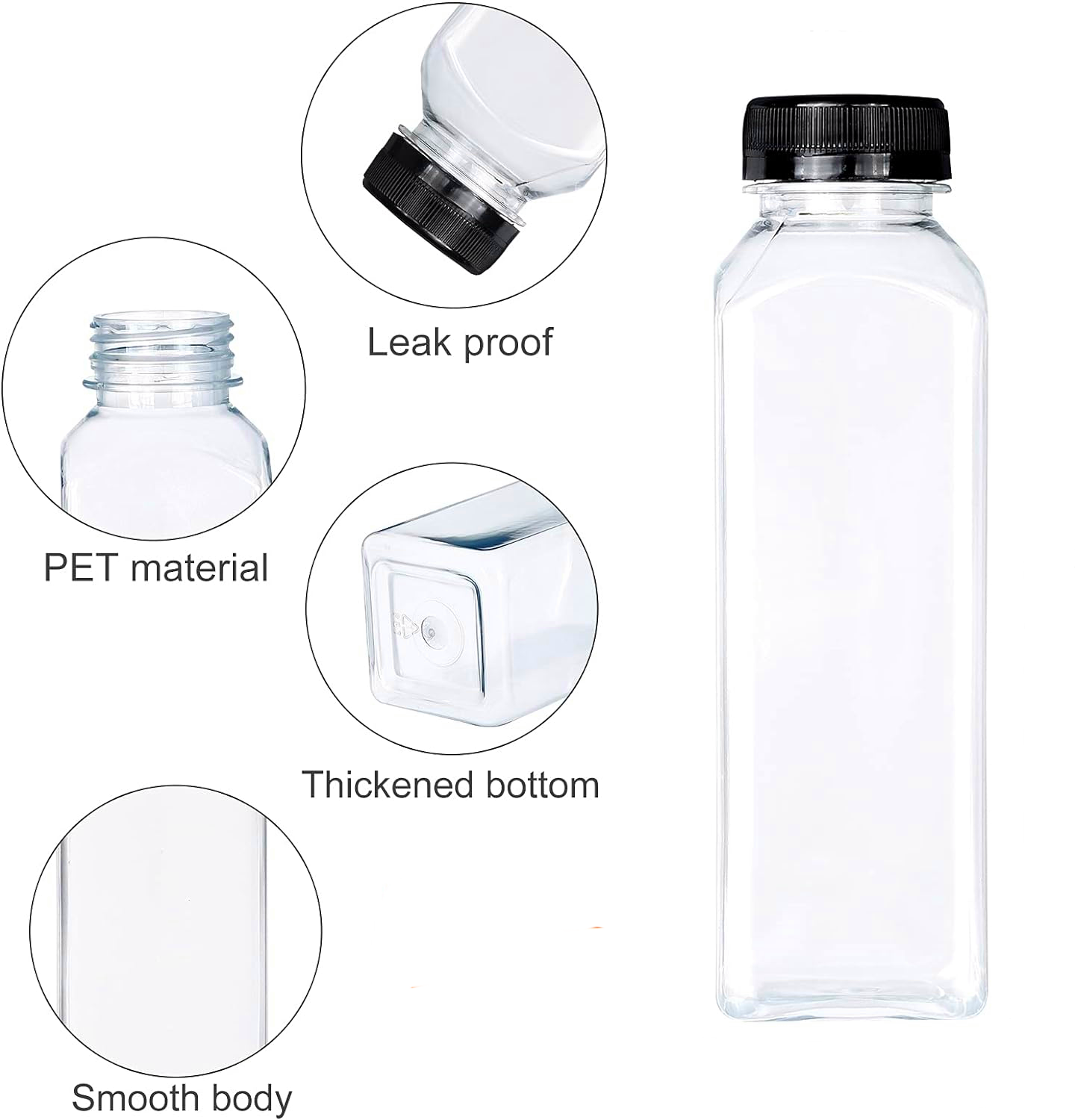 Reusable plastic juice bottles with leak proof caps, used for PET plastic bottles of beverage smoothies, milk, and water