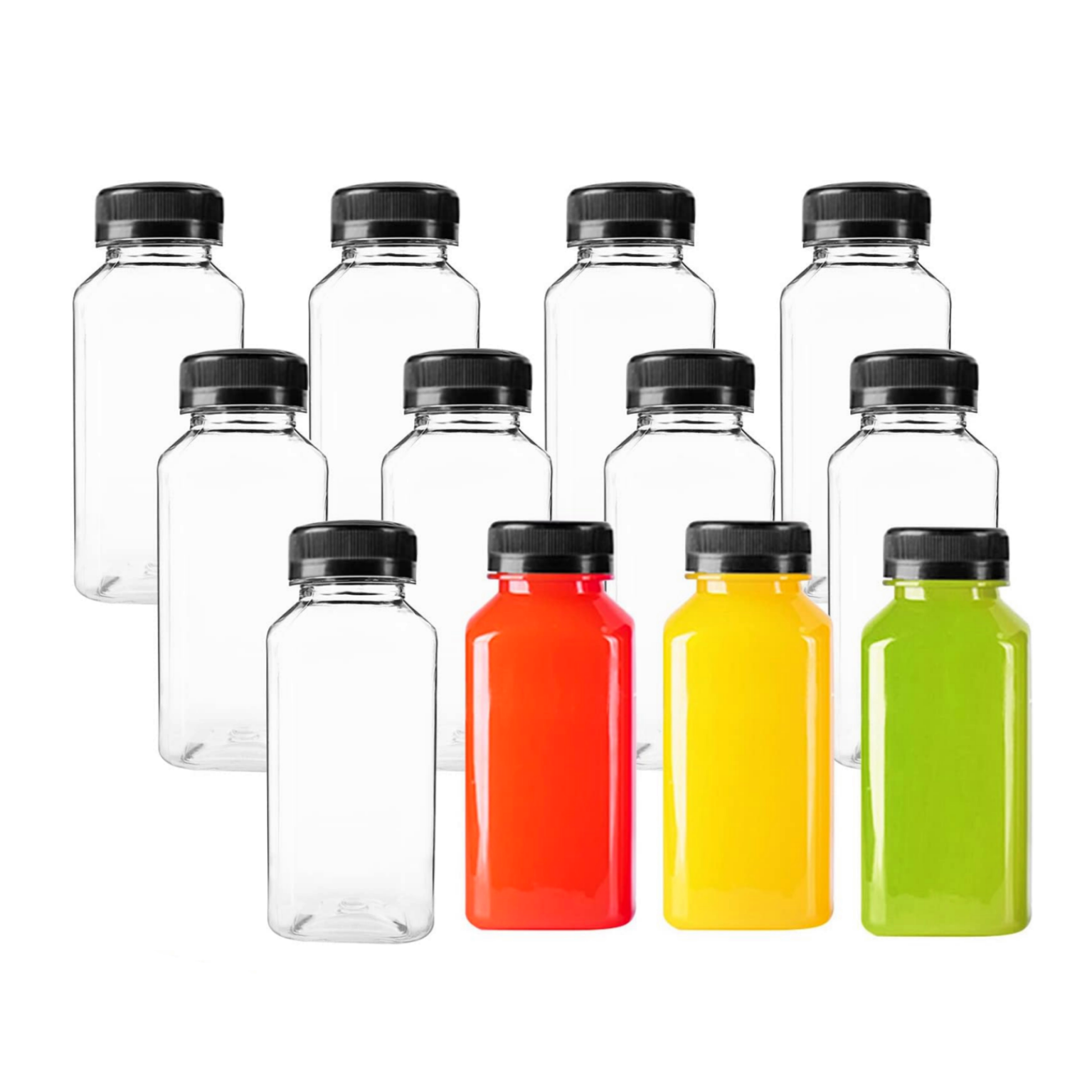 Reusable plastic juice bottles with leak proof caps, used for PET plastic bottles of beverage smoothies, milk, and water