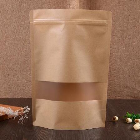 Kraft Paper Stand Up Zipper Bag with Window Resealable Zip Lock Closure Heat Seal for Food Packaging can be customized