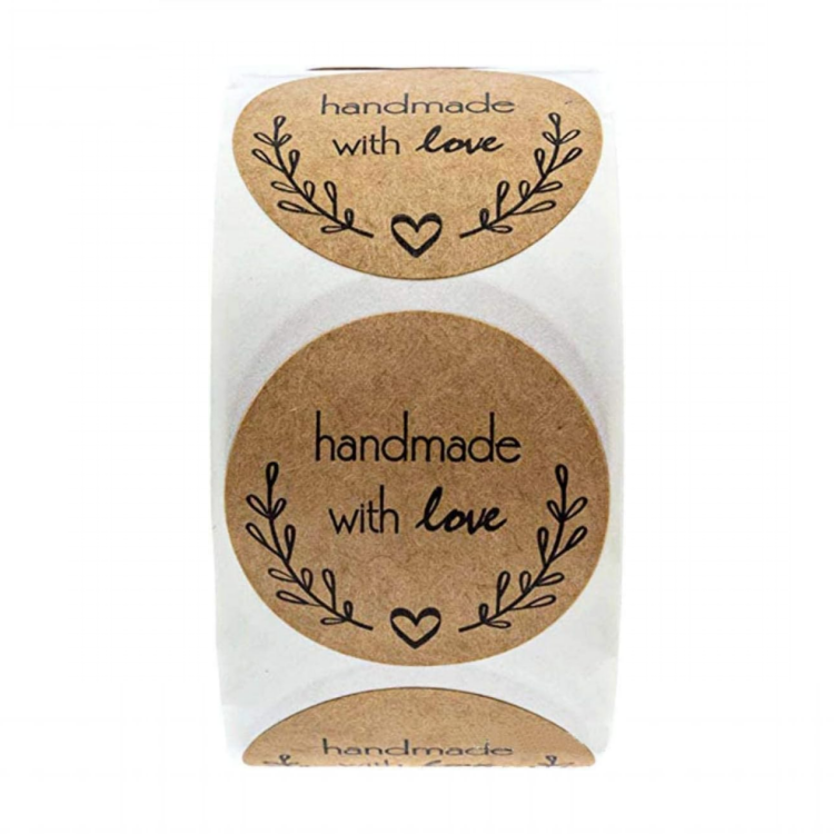 1 Inch Handmade with Love Stickers,500 Pcs Kraft Paper Sticker Adhesive Labels Heart Shape Labels for Baking Packaging,Envelope