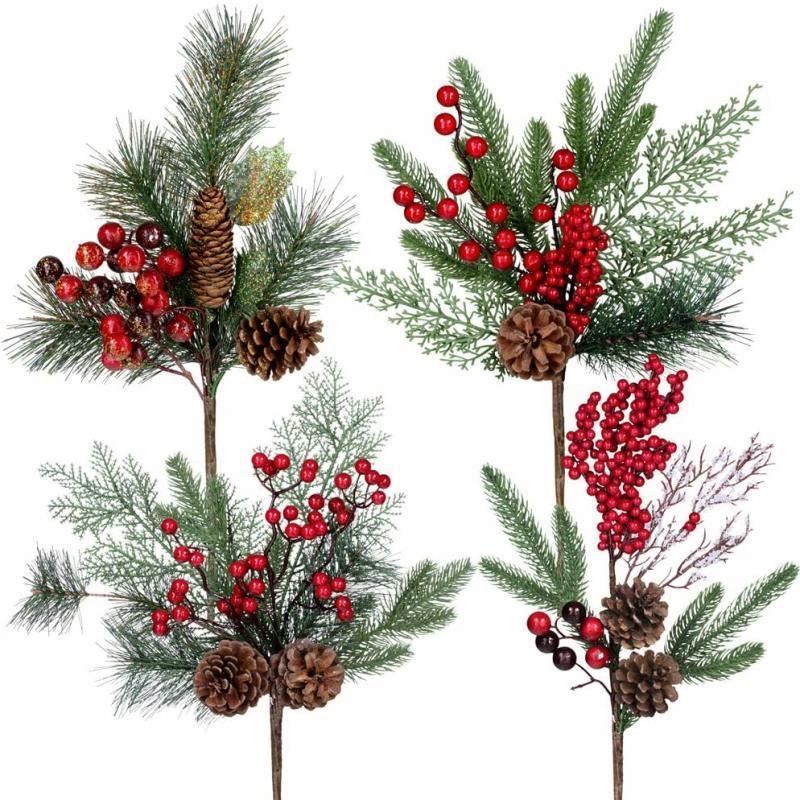 Christmas Berry Pick Pinecone Simulated Pine Needle Branch Small Pine Twig For Wedding Party Floral Decor Flower Crafts