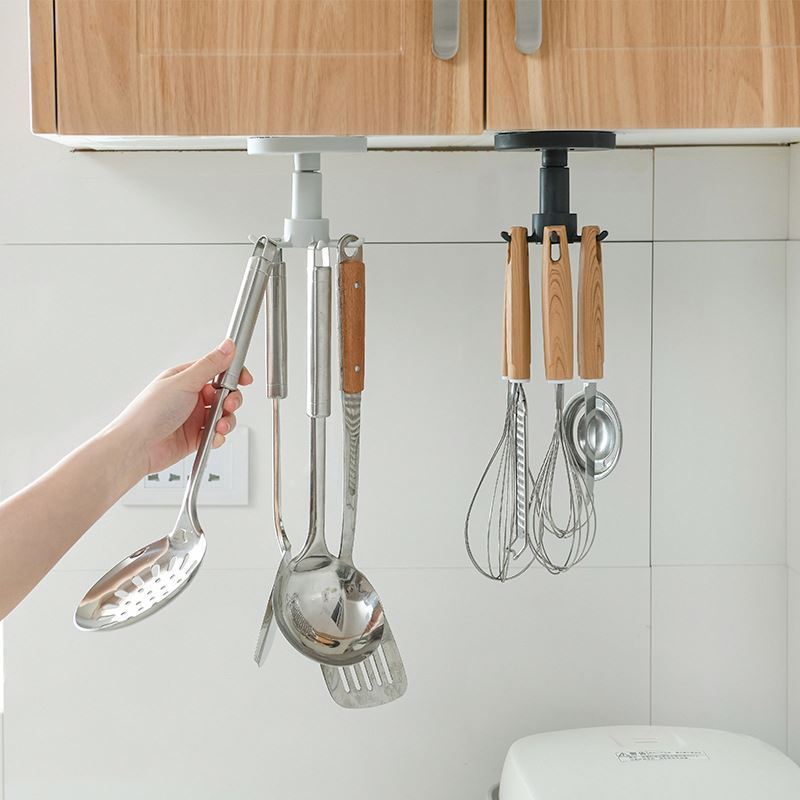 2022 NEW Kitchen Hooks for Hanging Adhesive Racks 360 Degree Rotating with 6 Hooks Storage Rack Wall Mount