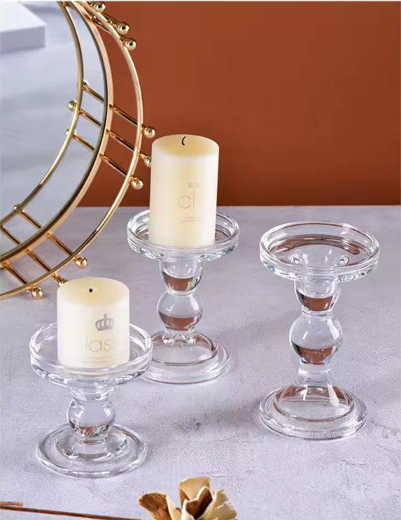 Convenient Sustainable Mouth Blown Cheap Recycled Transparent Taper Dinner Stand Candle Glass Holder Set Sublimation For Table