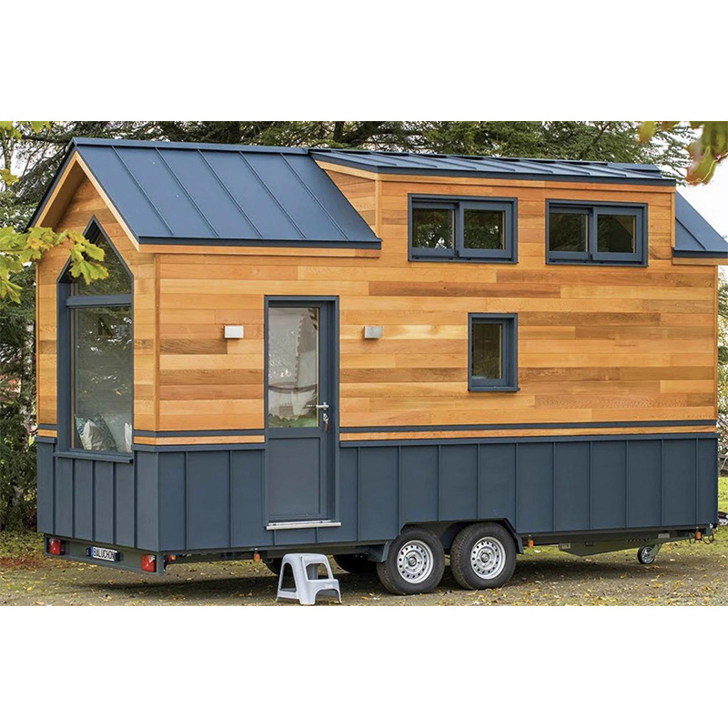 Prefab wooden cabin tiny home with wheels trailer house with loft