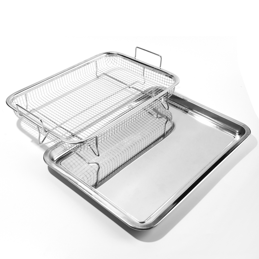 12 Inch Rectangle Stainless Steel Air Fryer Mesh Basket Cookie Sheet Tray Bakeware Set For Oven With Crisper Pan