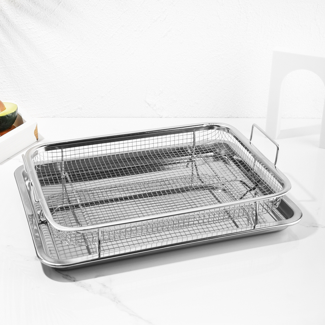 12 Inch Rectangle Stainless Steel Air Fryer Mesh Basket Cookie Sheet Tray Bakeware Set For Oven With Crisper Pan