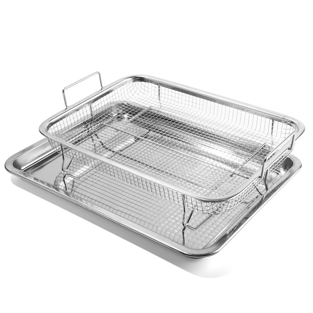 12 Inch Rectangle Stainless Steel Air Fryer Mesh Basket Cookie Sheet Tray Bakeware Set For Oven With Crisper Pan