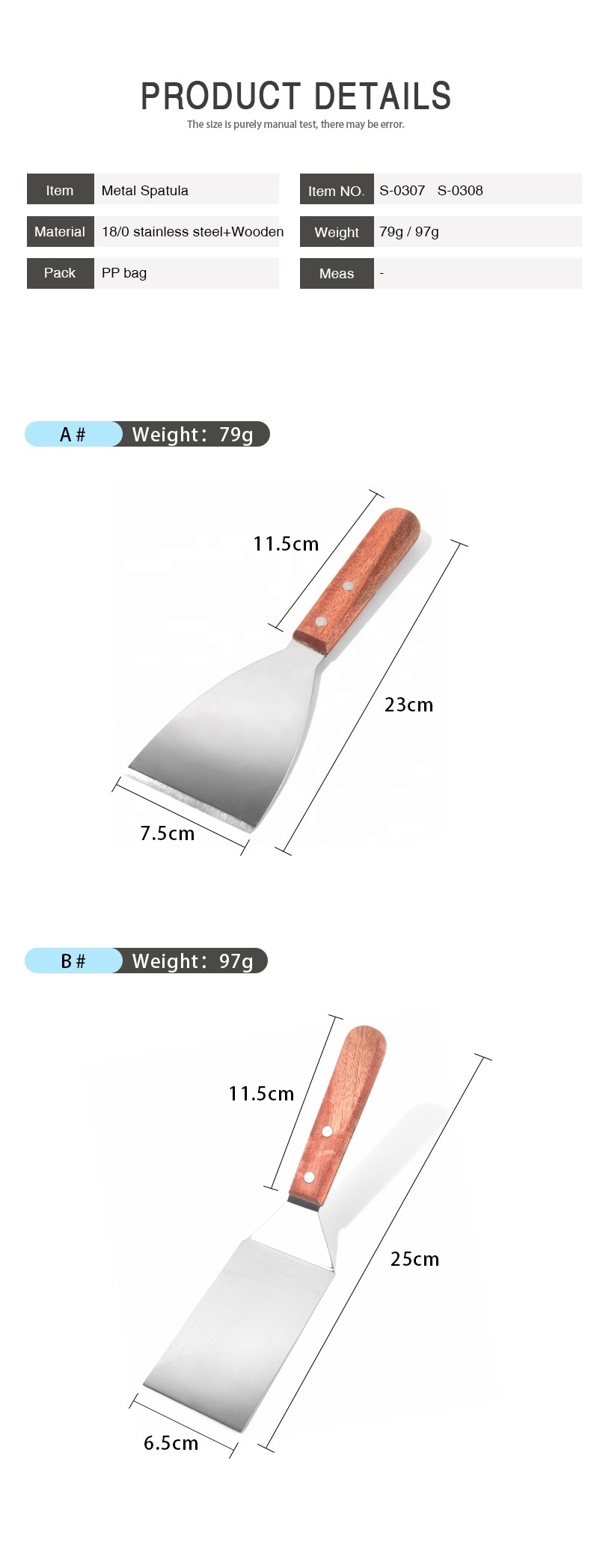 9 Inch 10 Inch Stainless Steel Kitchen Cooking Shovel Pancake Spatula with Wooden Handle Turner Scraper for Pie