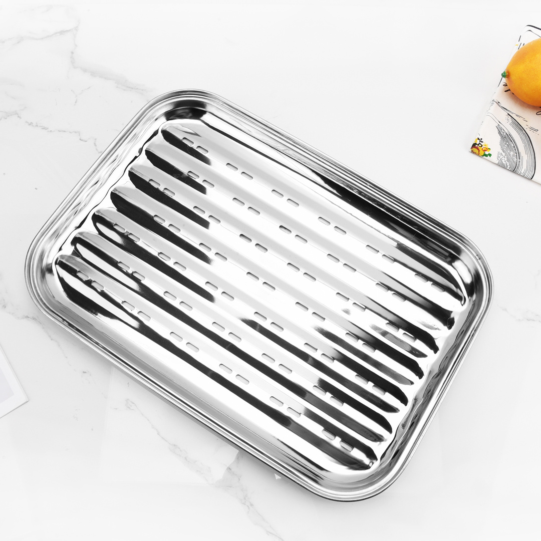 34cm Stainless Steel Perforated Rectangle Flat Fish Pan BBQ Grill Topper Tray Basket