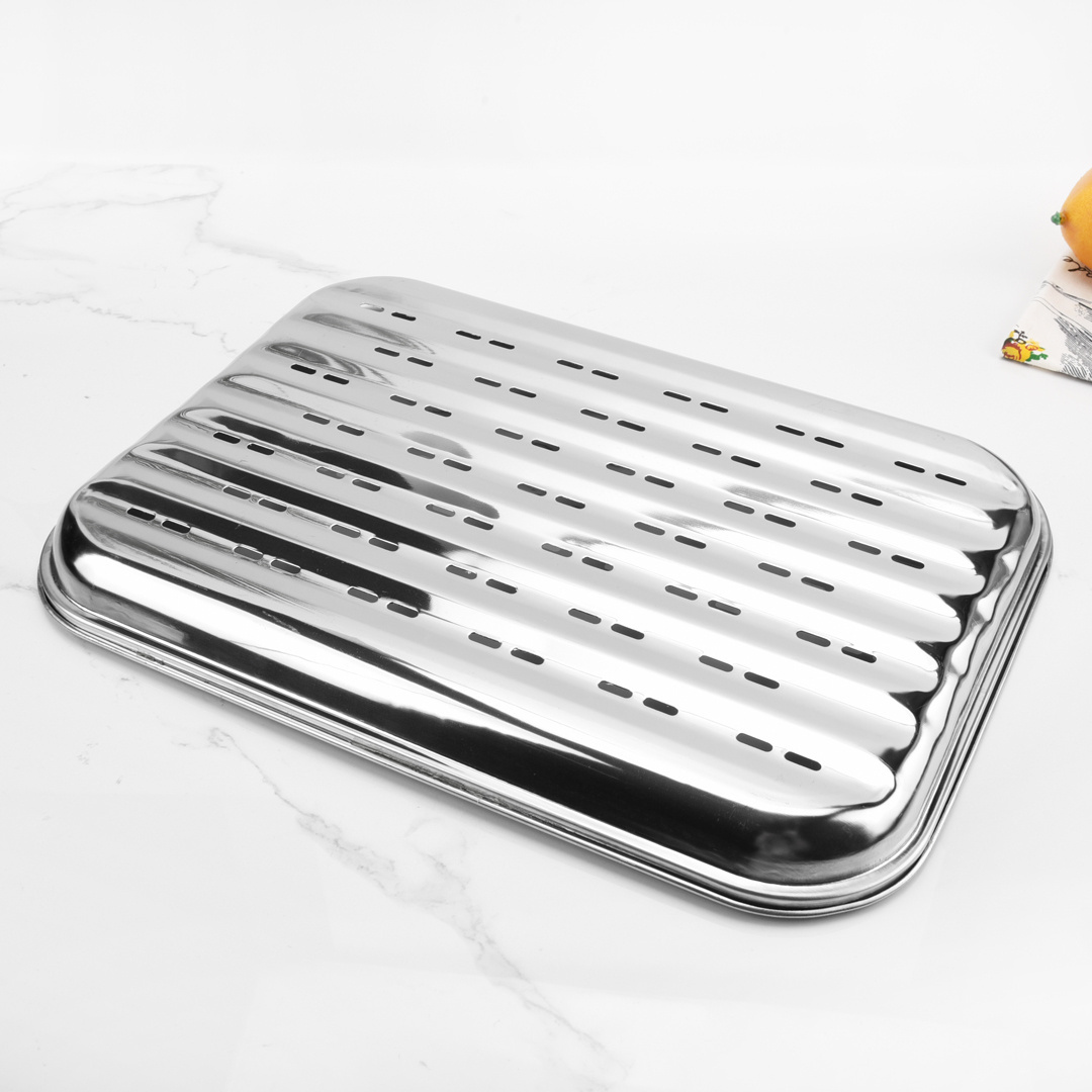 34cm Stainless Steel Perforated Rectangle Flat Fish Pan BBQ Grill Topper Tray Basket