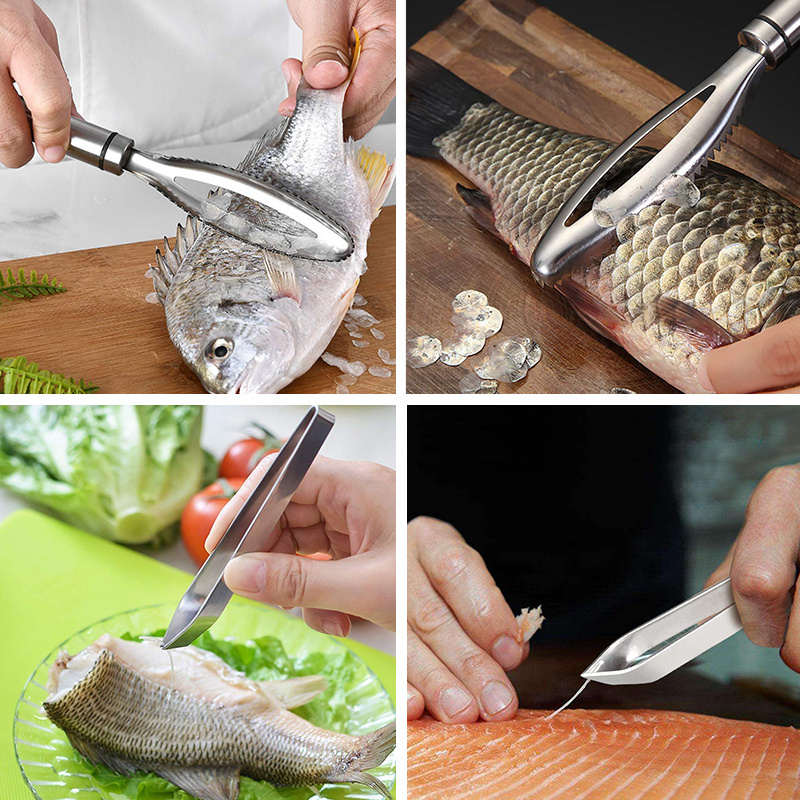 Stainless Steel Kitchen Gadget Fish Scraper With Born Tweezer Set Scaler Brush Fish Scale Remover