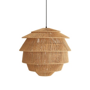 Handwoven Hanging Lamp Boho Rattan Lampshade Pendant Light Chandelier Hemp Rope Light Fixture Kitchen Island