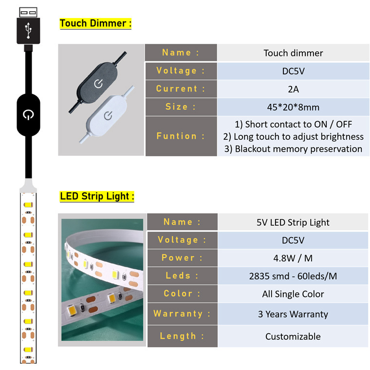 Manufacturer DC 5V 5W 60led/m 2835smd dimmable USB led strip light with usb touch dimmer switch