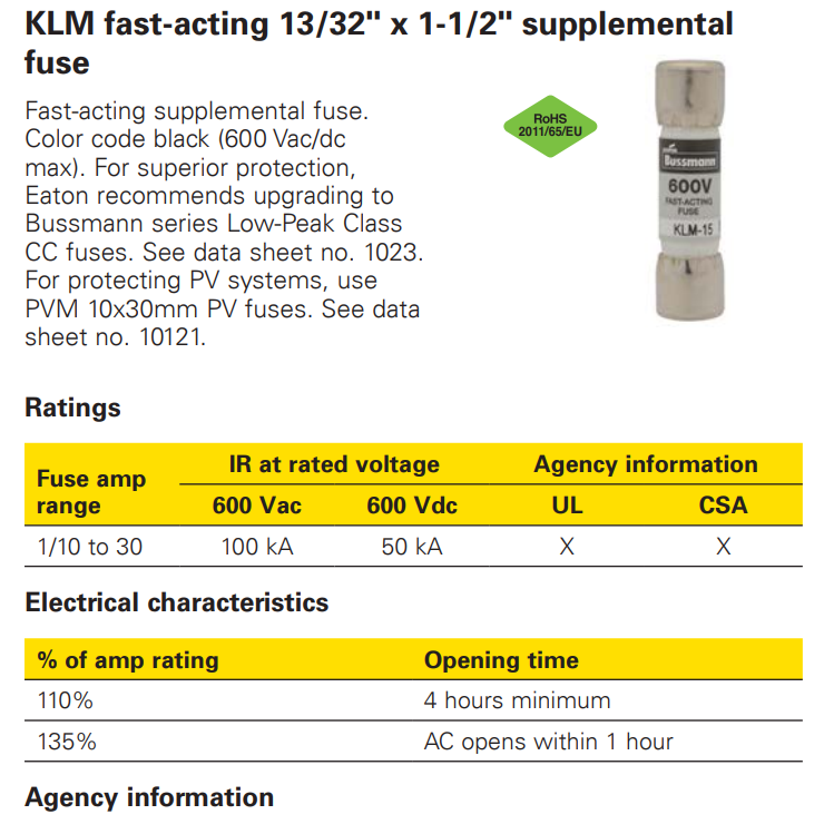 KLM fast-acting 13/32 x 1-1/2 supplemental ev blow anl high speed electric tubetime delay din railhermal  EATON Bussmann fuse