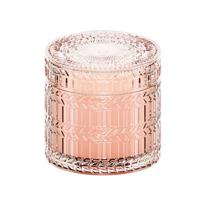 Wholesale Luxury pattern 250ml Pink Glass Jar With Lid Decorative Candles Wood Wick Soy Wax Rose&Sandalwood Scented Candle