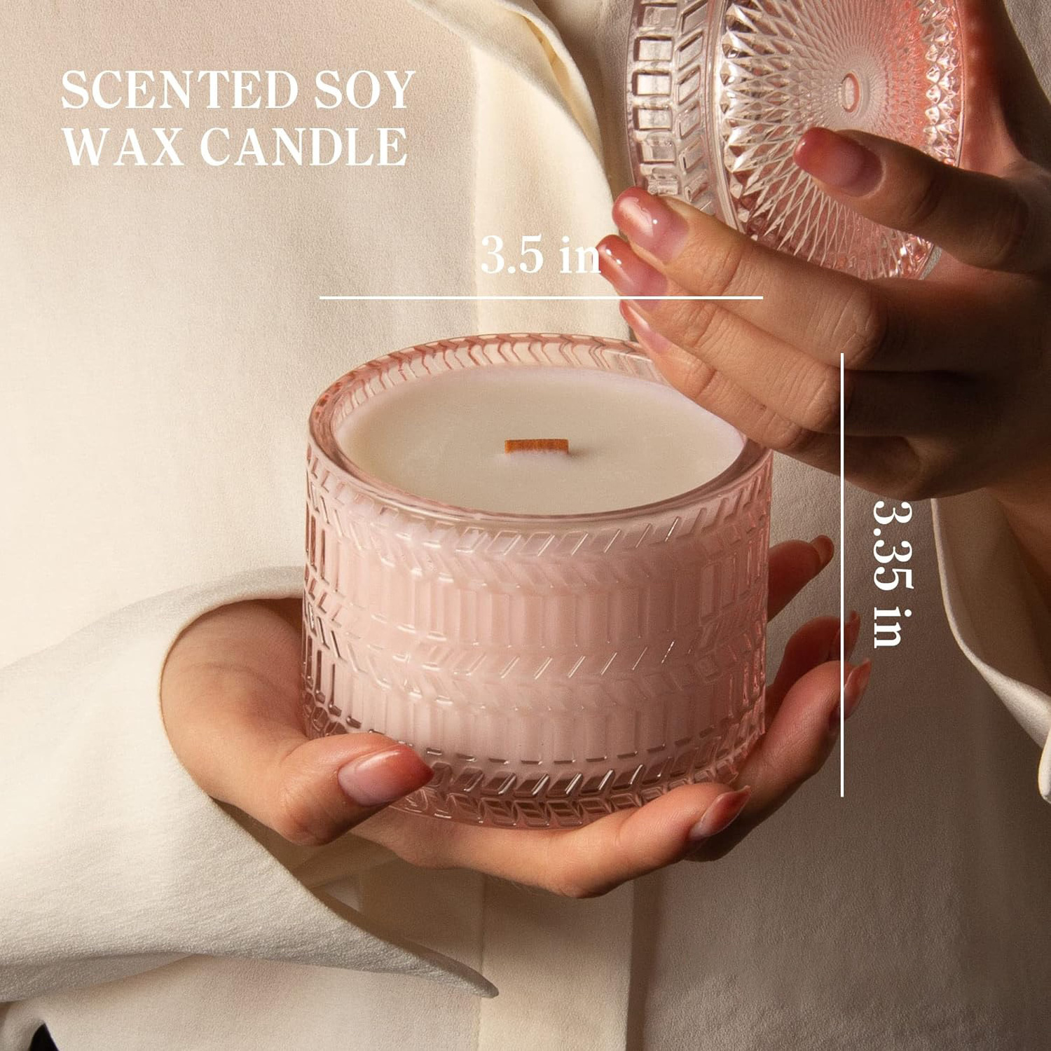 Wholesale Luxury pattern 250ml Pink Glass Jar With Lid Decorative Candles Wood Wick Soy Wax Rose&Sandalwood Scented Candle