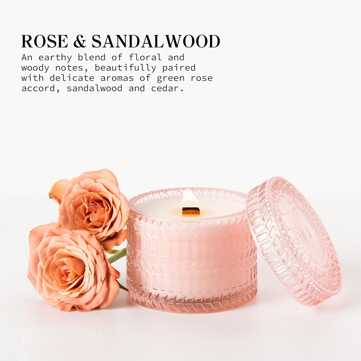 Wholesale Luxury pattern 250ml Pink Glass Jar With Lid Decorative Candles Wood Wick Soy Wax Rose&Sandalwood Scented Candle