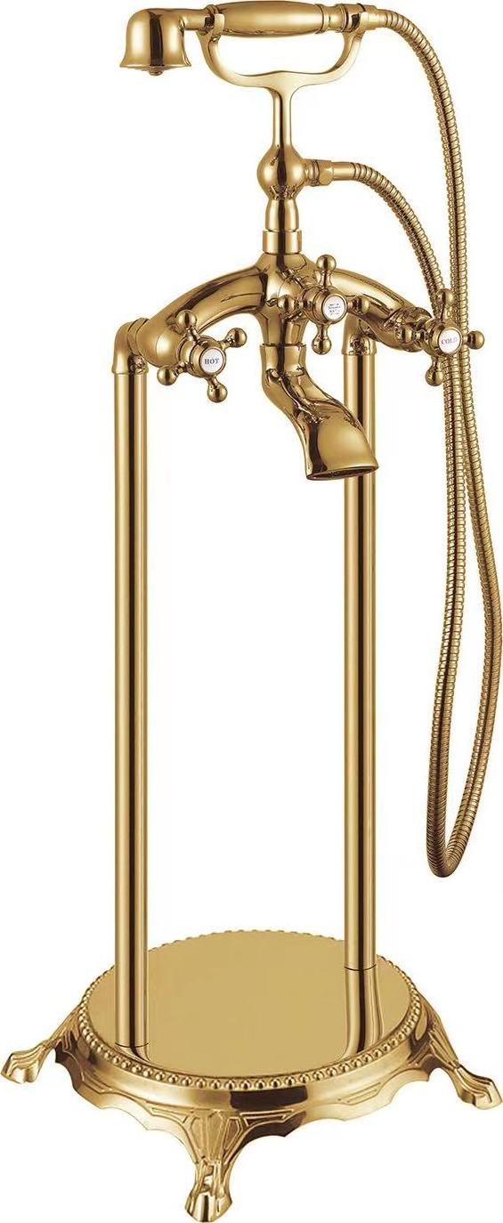 Bestseller Luxury Solid Brass Gold Color Single Handle Freestanding Bathtub Floor Standing Bath Faucet with Hand Shower Set