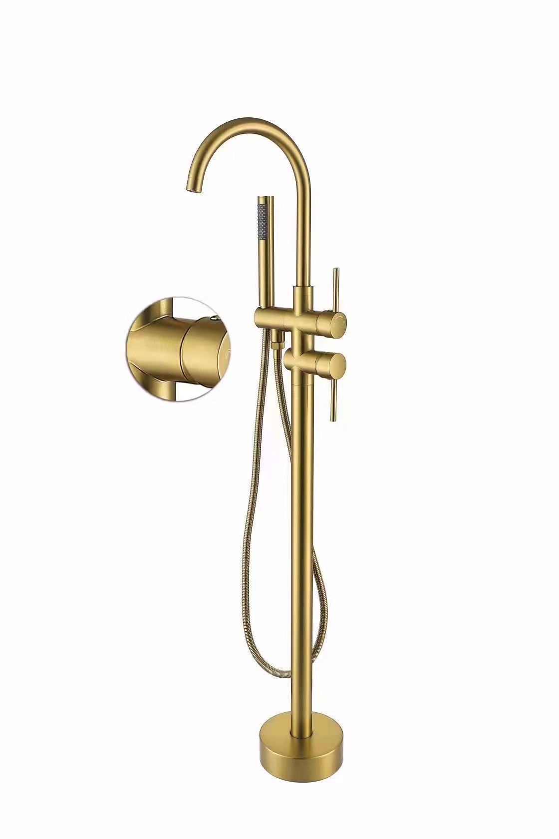 Bestseller Luxury Solid Brass Gold Color Single Handle Freestanding Bathtub Floor Standing Bath Faucet with Hand Shower Set