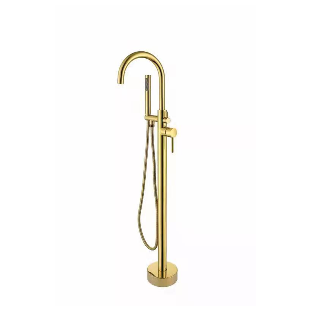 Bestseller Luxury Solid Brass Gold Color Single Handle Freestanding Bathtub Floor Standing Bath Faucet with Hand Shower Set