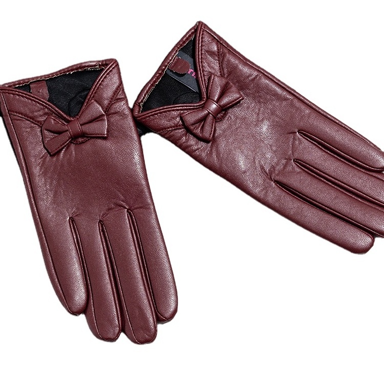 2024 Wholesale Women Classic Style Bow Cuffs Red Leather Gloves