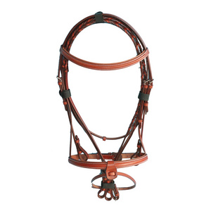 Horse Equestrian Accessories Square Raised Brow Band with Laced Reins 5/8" Stud Hook GNG-B1060 Horse Leather Snaffle Bridle