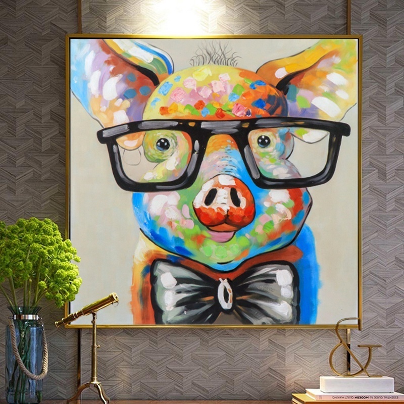 animal paintings handpainted pop Cute Pig with Glasses Pop animal paintings texture Wall Art Canvas Painting Framed Ready Hang