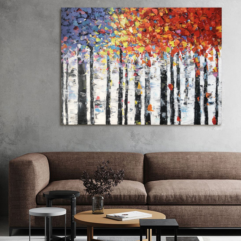 Wall Art Living Room Hand Painted Forest Wall Art Canvas Abstract Oil Painting Modern Home Decor Landscape Artwork Stretched