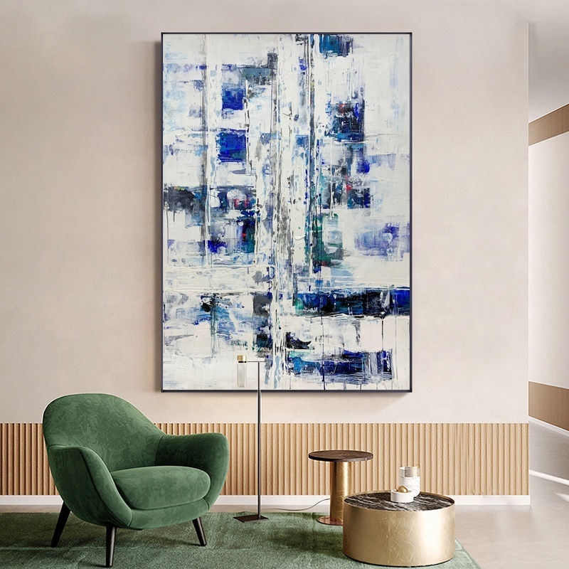 Decorative Painting Handmade Abstract Golden Canvas Painting Blue Modern Wall Picture for Living Room Luxury Huge Wall Art