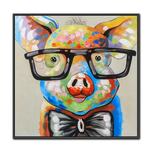 animal paintings handpainted pop Cute Pig with Glasses Pop animal paintings texture Wall Art Canvas Painting Framed Ready Hang