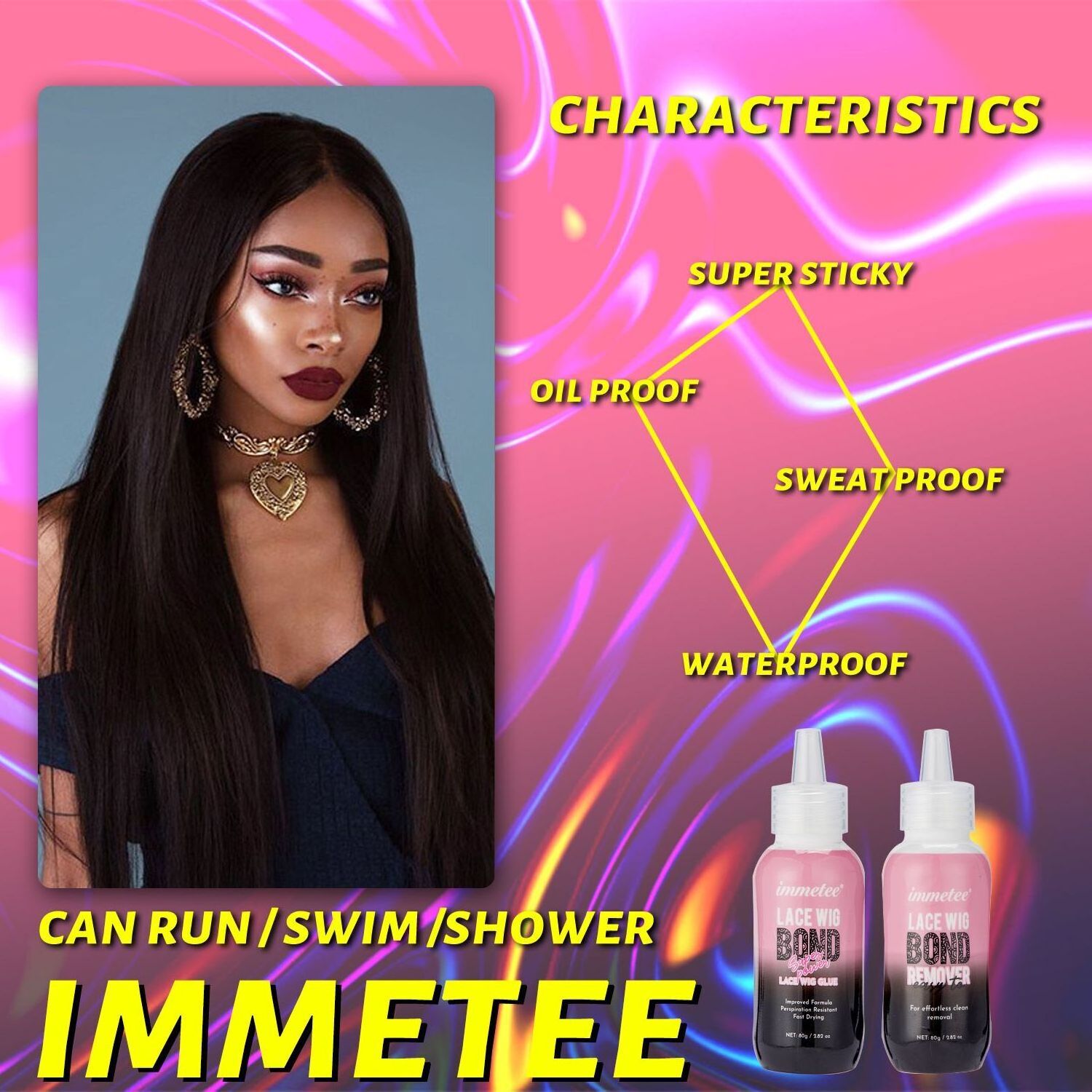 IMMETEE wig glue invisible hair extensions glue waterproof strong hold wig adhesive lace glue with wig care series